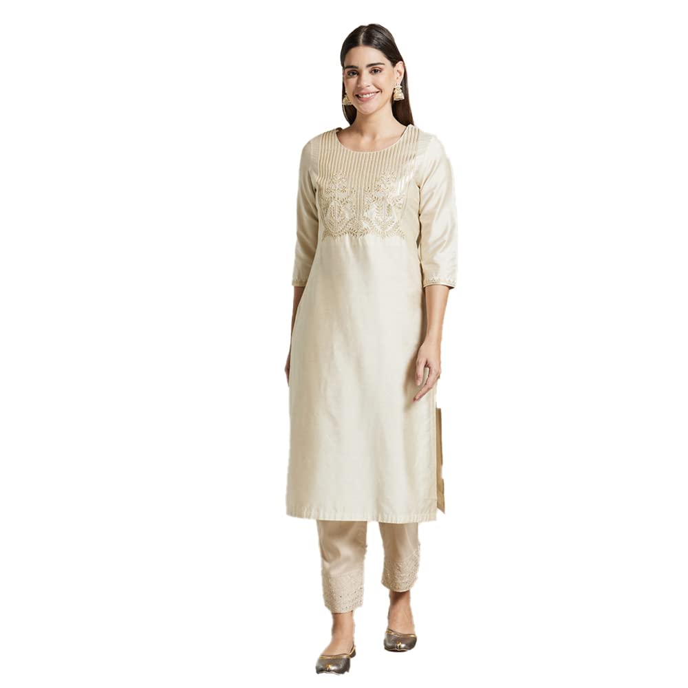 Kashish Women's  Viscose Embroidered Round Neck Straight Fit Kurta