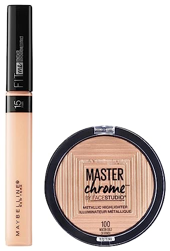Maybelline New York Fit Me Concealer,15 Fair, 6.8ml and Maybelline New York Face Studio Master Chrome Metallic Highlighter, Molten Gold, 6.7g