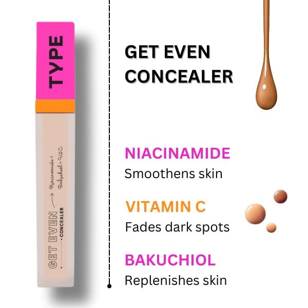 TYPE BEAUTY INC. Get Even Waterproof Concealer For Face Makeup with Vitamin C, Niacinamide & Bakuchiol | Reduces Dark Spots & Pigmentation | Crease Free | For Women & Men - Chai (30) | 8 ML