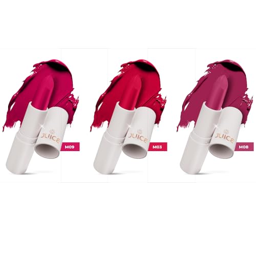 Juice Kiss Sensation Lipstick with Goodness of Bio Retinol, UV Protection & Long lasting Lipstick, Pack of 3 (Red Addict - M03, Epic Pink - M08, Think Pink - M09)