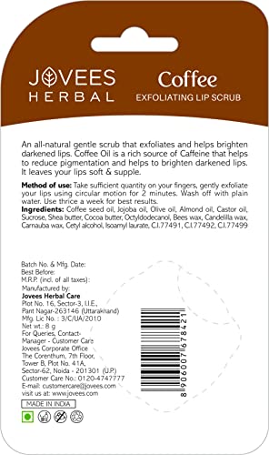 Jovees Herbal Coffee Exfoliating Lip Scrub For Brightening Dark Lips for Dry Lips/Smoker/Chapped Lip & Lipstick Stains Removal Lip care, Soft and Supple Lips | For Men and Women- 8g