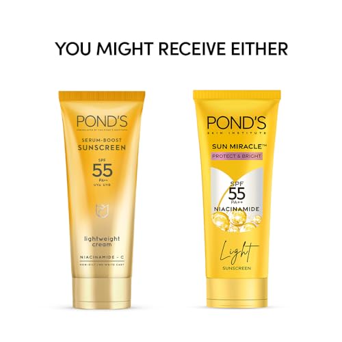 POND’S Sun Miracle SPF 55 PA+++ Light Sunscreen - Protect & Bright, With 3% Niacinamide, Fade Dark Spots in 4 Weeks, Lightweight, No White Cast 50g