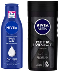 NIVEA Body Lotion for Very Dry Skin, Nourishing Body Milk with 2x Almond Oil, 200 ml & NIVEA Men Body Wash, Deep Impact, 3 in 1 Shower Gel for Body, Face & Hair, with Microfine Clay, 250 ml
