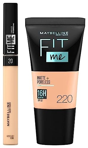 Maybelline New York Fit Me Matte+Poreless Liquid Foundation Medium Coverage For Oily Skin oil Tube, 220 Natural Beige, 18Ml And New York Fit Me Concealer, 20 Sand, 6.8Ml, Pack Of 1