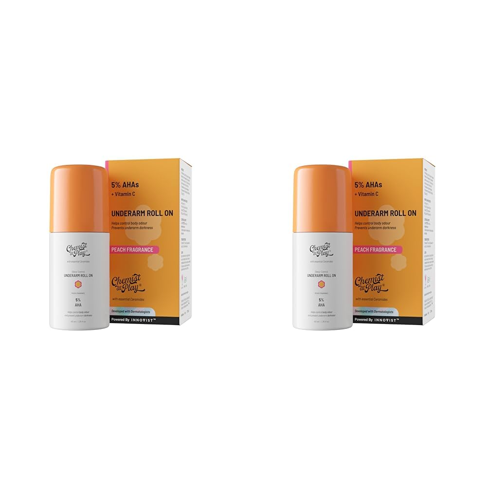 Chemist at Play UnderArm Roll-On with 5% AHA, Lactic Acid & 1% Mandelic Acid | Prevents Body Odour, Brightens Skin & Exfoliates Underarm | For Sensitive Skin | Peach Fragrance | Alcohol Free - 40ml
