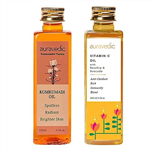 Auravedic Kumkumadi tailam for face Kumkumadi face oil for glowing skin and Vitamin C oil face serum with Rosehip oil 100 ml pack of 2 Vitamin C serum Kumkumadi oil body oil after bath for daily use