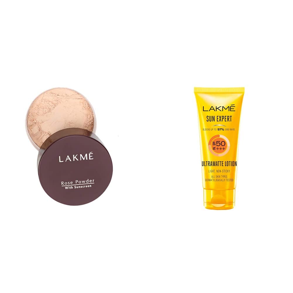 LAKMÉ Rose Face Powder, Matte For Oily Skin, Soft Pink, 40g & Sun Expert SPF 50 PA+++ Ultra Matte Lotion, 50ml