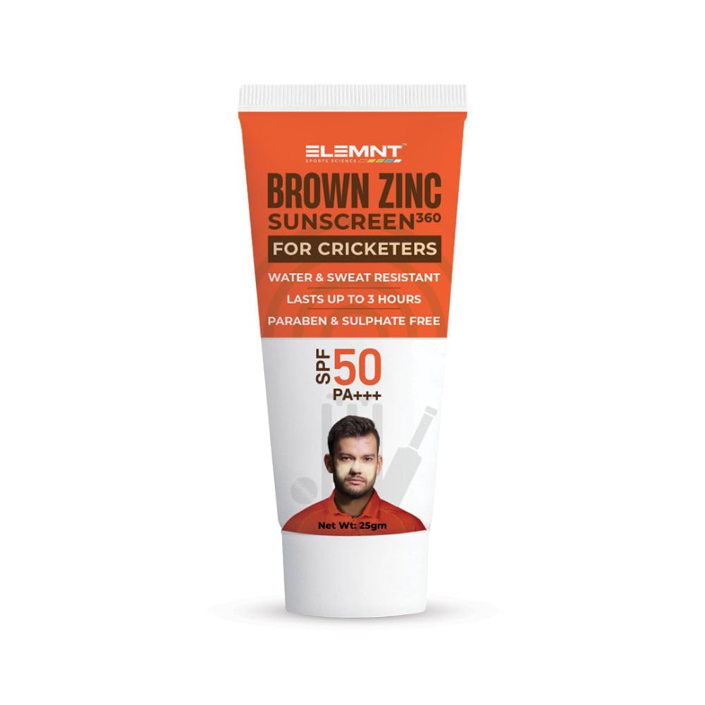 Elemnt Brown Zinc Sunscreen for Cricketers | SPF 50 Zinc Suncream, Broad Spectrum PA+++ with Aloe Vera | Formulated For Heavy Sun Exposure | Water Resistant Sunscreen for Cricketers & Sports | Men & Women - 25gm