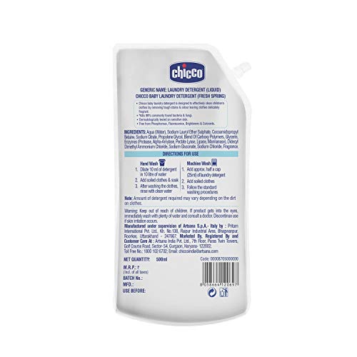 Chicco Baby Liquid Laundry Detergent, 5X Stain & Germ Fighter, Kills 99% of Germs, Dermatologically Tested, Effective & Gentle Cleaning, Fresh Springs, Refill pack (500 ML)