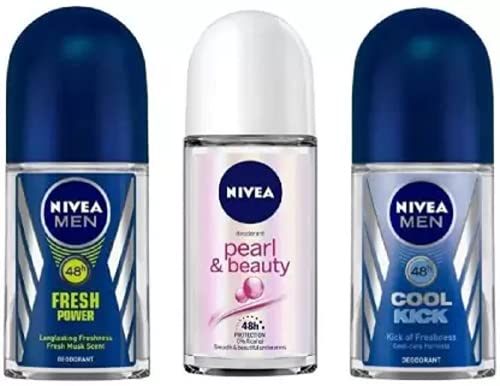 NIVEA Deodorant Roll-On Combo, Fresh Power, Pearl & Beauty, Cool Kick, 50 Ml Each Deodorant Roll-on - For Men & Women (150 ml, Pack of 3)
