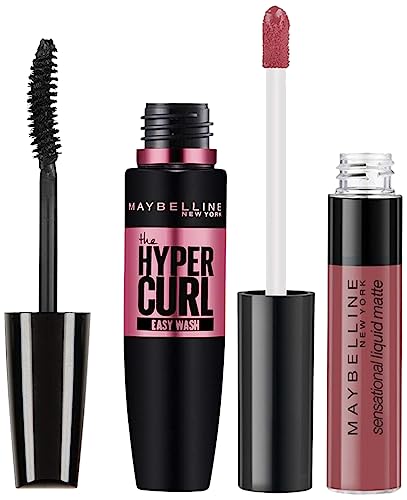 Maybelline New York Hypercurl Mascara Washable, Black, 9.2ml & Maybelline New York Sensational Liquid Matte Lipstick 06, Best Babe, 7G.