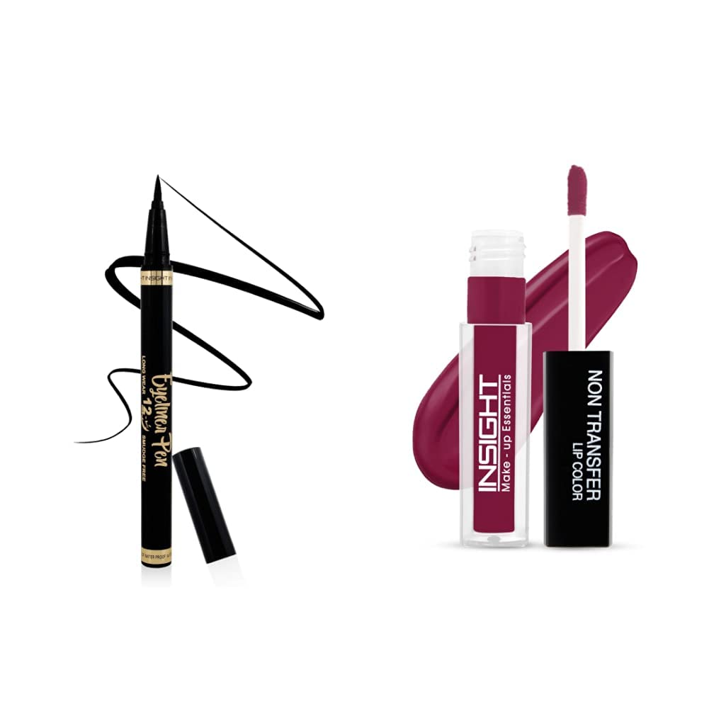 INSIGHT Cosmetics Liner Express Eye Pen, Black(Matte), 1.5g (Black) & Insight Non Transfer Lip Color, Matte Finish, 4ml (19 Dive)