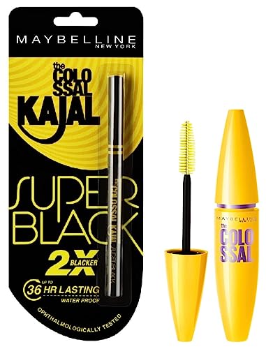 Maybelline New York Colossal Kajal, Super Black, 0.35g and Maybelline New York Volume Express Colossal Mascara, Washable, mllam Black, 10.7ml
