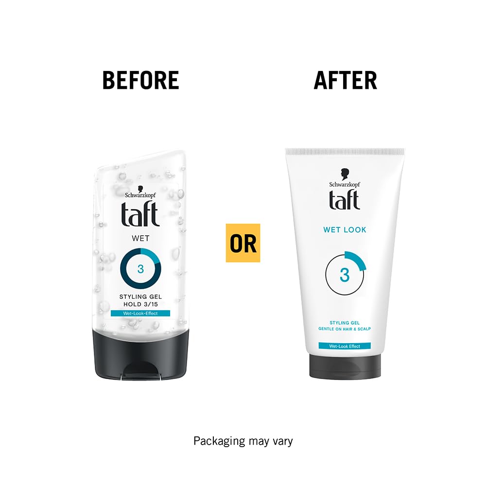 Schwarzkopf TAFT Wet Hair Styling Gel For 24 Hours Shiny Wet Look Effect Hold 3 With Moisturising Formula, Non-Sticky And Easy to Wash Off, No Alcohol, No Sulphate, Vegan And Peta Approved - 150ML
