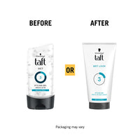 Schwarzkopf TAFT Wet Hair Styling Gel For 24 Hours Shiny Wet Look Effect Hold 3 With Moisturising Formula, Non-Sticky And Easy to Wash Off, No Alcohol, No Sulphate, Vegan And Peta Approved - 150ML
