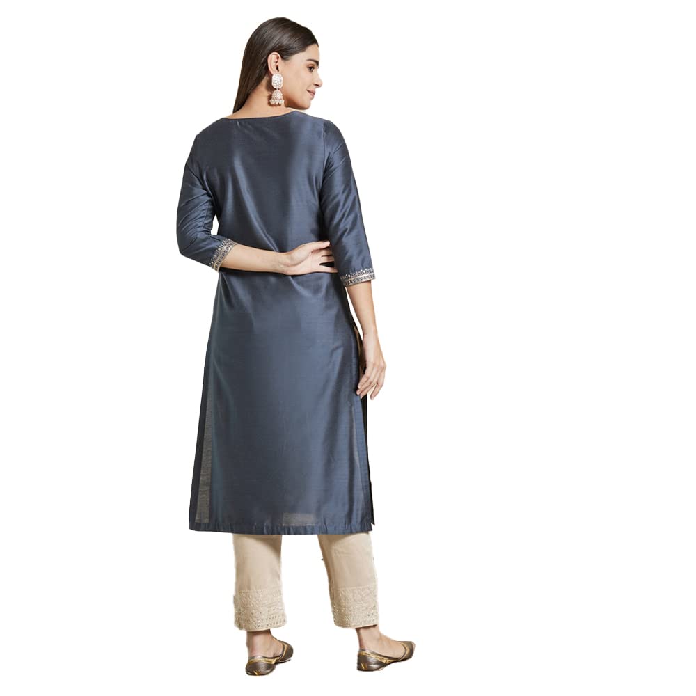 Kashish Women's  Viscose Embroidered Round Neck Straight Fit Kurta