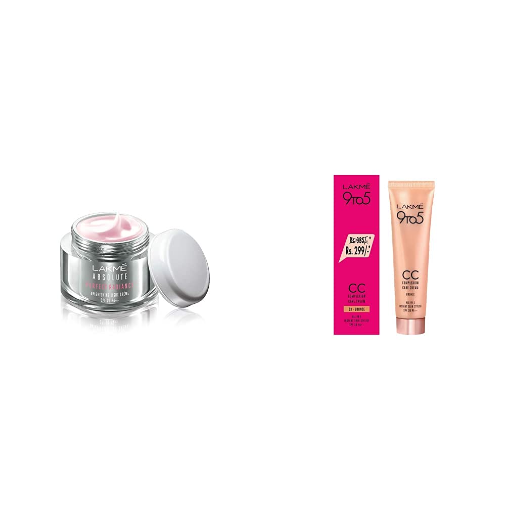 Lakmé Absolute Perfect Radiance Skin Brightening Light Crème (Cream) With Sunscreen, 50 G & Lakmé 9 To 5 Complexion Care Face Cc Cream, Bronze, Spf 30, Conceals Dark Spots & Blemishes, 30 G