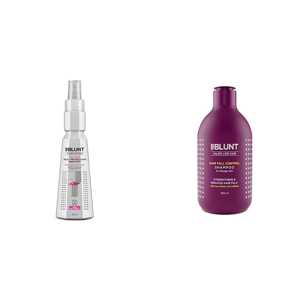 BBlunt Hot Shot Heat Protection Mist 150ml | Hair Fall Control Shampoo with Pea Protein & Caffeine 300ml