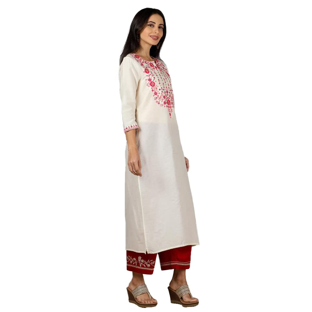 Kashish Women's  Viscose Embroidered Round Neck Straight Fit Kurta