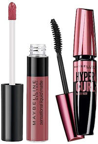 Maybelline New York Hypercurl Mascara Waterproof, Black, 9.2ml & Maybelline New York Sensational Liquid Matte Lipstick 06, Best Babe, 7G.