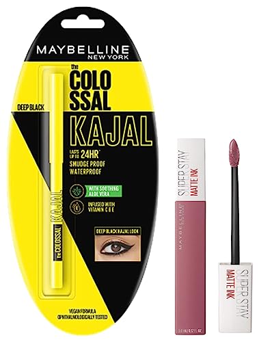 Maybelline New York Super Stay Matte Ink Liquid Lipstick, 15 Lover, 5ml and Maybelline New York Colossal Kajal, Black, 0.35g