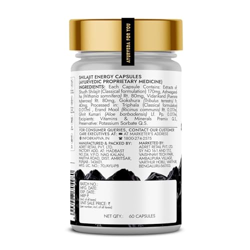 Kapiva Shilajit/Shilajeet Energy 60 Capsules | Made with 100% Pure Shilajit | For All Day Energy & Stamina | With Ashwagandha,Gokshura | Contains 12 Vitamins & 13 Minerals