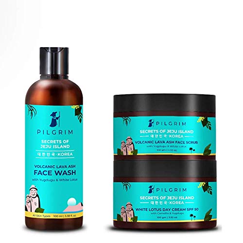 Pilgrim Jeju Rejuvenating Skin Set | Nourishing | Moisturising | Natural Exfoliator | Face Wash 100ml, Face Scrub 100gm, Day Cream Tinted SPF 50 100gm | All Skin | Men,Women | Vegan | Korean Beauty Secrets
