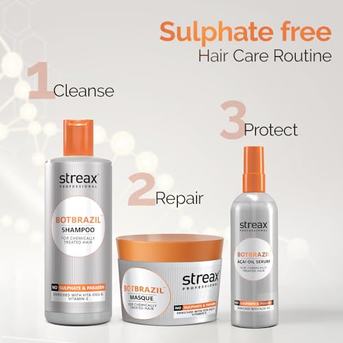 Streax Professional BotBrazil Shampoo,300 ml for Keratin, Botox, Nanoplasty, & Smoothening, Sulphate & Paraben-Free Shampoo for Women & Men, Enriched with Vita Oils Nourishes Chemically Treated Hair
