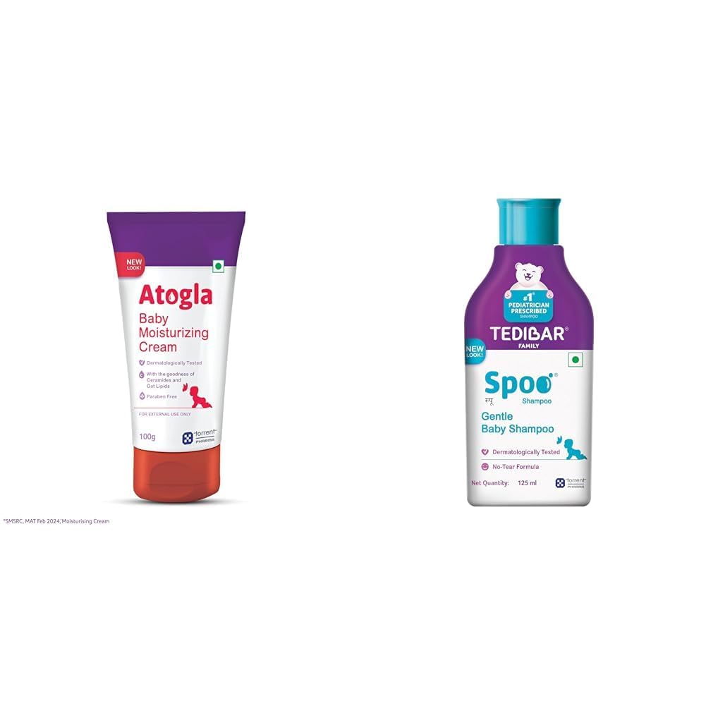 Spoo No-Tear Formula baby shampoo 125ml from Tedibar Family + Baby Cream 100ml (Pack of 1) + Atogla Baby Cream 100gm - By Torrent Pharma