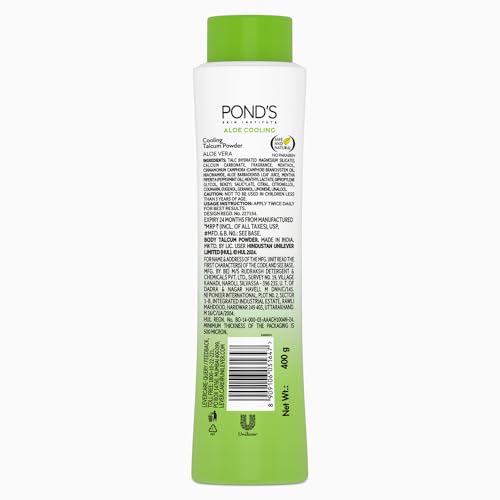 POND'S Aloe Cooling Powder, 400g, for Comfortable and Cool Skin in Summer, with Goodness of Aloe, 3X Instant Cooling, Long-Lasting Fragrance