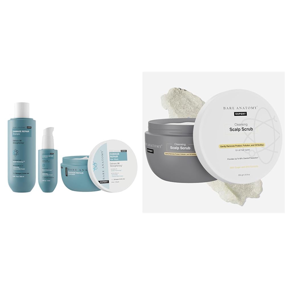 Bare Anatomy Damage Repair Shampoo + Hair Mask + Serum Kit, For Women and Men, 250 ml Scalp Scrub with Natural AHAs, Coconut & Sugar For Women & Men | 250g