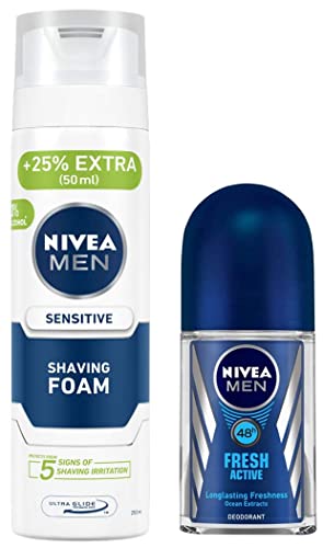 NIVEA MEN Shaving, Sensitive Shaving Foam, 250ml & NIVEA Deo Fresh Active Roll On, 50ml