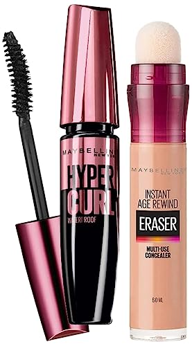 Maybelline New York Hypercurl Mascara Waterproof, Black, 9.2ml & Maybelline New York Instant Age Rewind Concealer, Honey, 6g