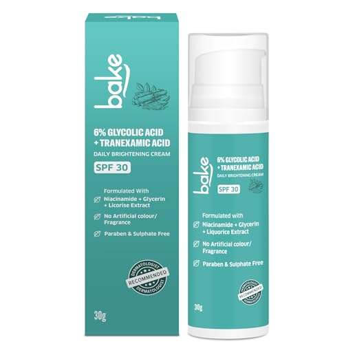 BAKE 6% Glycolic Acid Cream SPF 30 PA+++ with Niacinamide for Pigmentation, Dark Spots & Tan Removal | Daily Brightening Cream | Improves Uneven Skin Tone & Reduces Sun Damage | For Men & Women | 30g