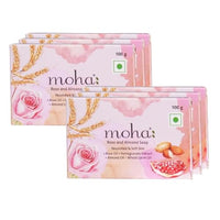moha: Rose and Almond Bath Soap Unisex Bathing Bar with the benefits of Rose oil Pomegranate extract Almond oil wheat germ oil for soft, nourished and youthful skin - 100gm (Pack of 6)