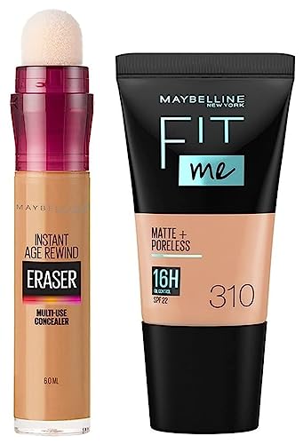 Maybelline New York Instant Age Rewind Concealer, Caramel, 6Ml And New York Fit Me Matte+Poreless Liquid Foundation Medium Coverage For Oily Skin Tube, 310 Sun Beige, 18Ml, Pack Of 1