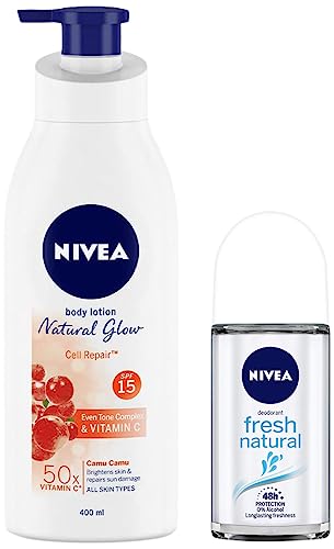 Nivea Body Lotion, Extra Whitening Cell Repair SPF 15, For All Skin Types, 400ml & Deodorant Roll On, Fresh Natural, 50ml