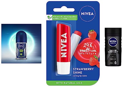 Nivea Fresh Power, Deodorant Roll On for Men, 50ml & Lip Balm, Fruity Strawberry Shine, 4.8g & Body Wash for Men, 250ml