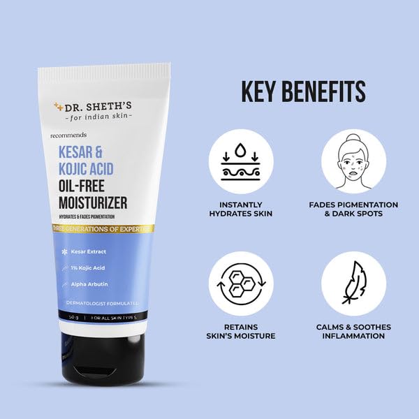 Dr. Sheth's Kesar & Kojic Acid Oil-Free Moisturizer | Lightweight Gel Cream Texture | Brightening & Hydrating | Fades pigmentation | For Men & Women | 50g