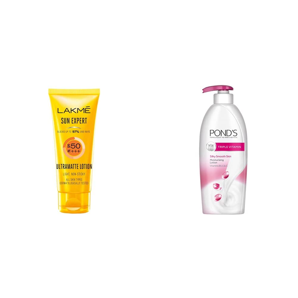 LAKMÉ Sun Expert Spf 50 Pa+++ Ultra Matte Lotion All Skin, 50 Ml And Pond's Triple Vitamin Moisturising Body Lotion, 300Ml, 2 Count