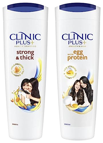 Clinic Plus Strength & Shine With Egg Protein Shampoo, 355 ml & Clinic Plus Strong & Extra Thick Shampoo With Milk Protein And Almond Oil For Hair Strengthening & Volume, 355ml
