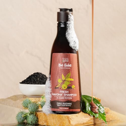 Nat Habit Castor Blackseed Navdha Shampoo - Natural Cleanser for Men, Enhances Immense Shine, Retains and Imparts Moisture, For Strong & Sunny Shine Hair, 250ml