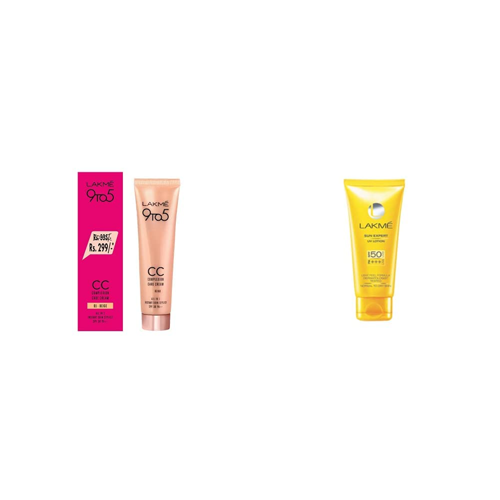 Lakmé 9 To 5 Complexion Care Face Cream for Dry Skin, Beige, 30G And Lakmé Sun Expert Spf 50 Pa Fairness Uv Sunscreen Lotion, 100Ml