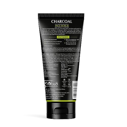 Globus Naturals Charcoal Face Scrub Enriched with Tea Tree, Retinol & Lactic Acid for Exfoliation, Acne & Blackhead Removal, 100 gm