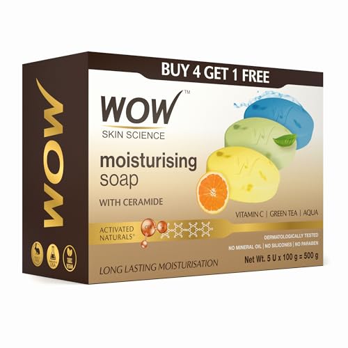 WOW Skin Science Moisturising Soaps with Ceramide | Vitamin C, Green Tea, Aqua | Long-Lasting Moisturisation | No Paraben Soaps | Pack of 5 | 500g