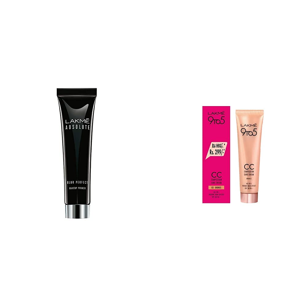 Lakmé Absolute Blur Perfect Makeup Primer, Peach, 10 g & Lakmé 9 To 5 Complexion Care Face CC Cream, Bronze, SPF 30, Conceals Dark Spots & Blemishes, 30 g