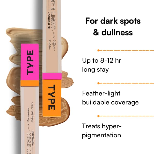 TYPE BEAUTY INC. Get Even Waterproof Concealer For Face Makeup with Vitamin C, Niacinamide & Bakuchiol | Reduces Dark Spots & Pigmentation | Crease Free | For Women & Men - Chai (30) | 8 ML