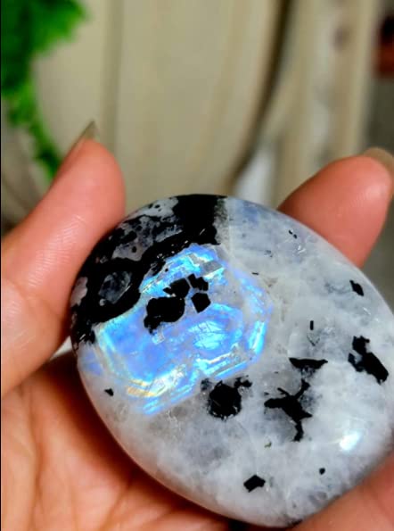 Rainbow Moonstone Large Palm Stone - Pocket Massage Worry Stone for Natural Body Chakra Balancing, Reiki Healing and Crystal Grid Rainbow Moonstone (Large)
