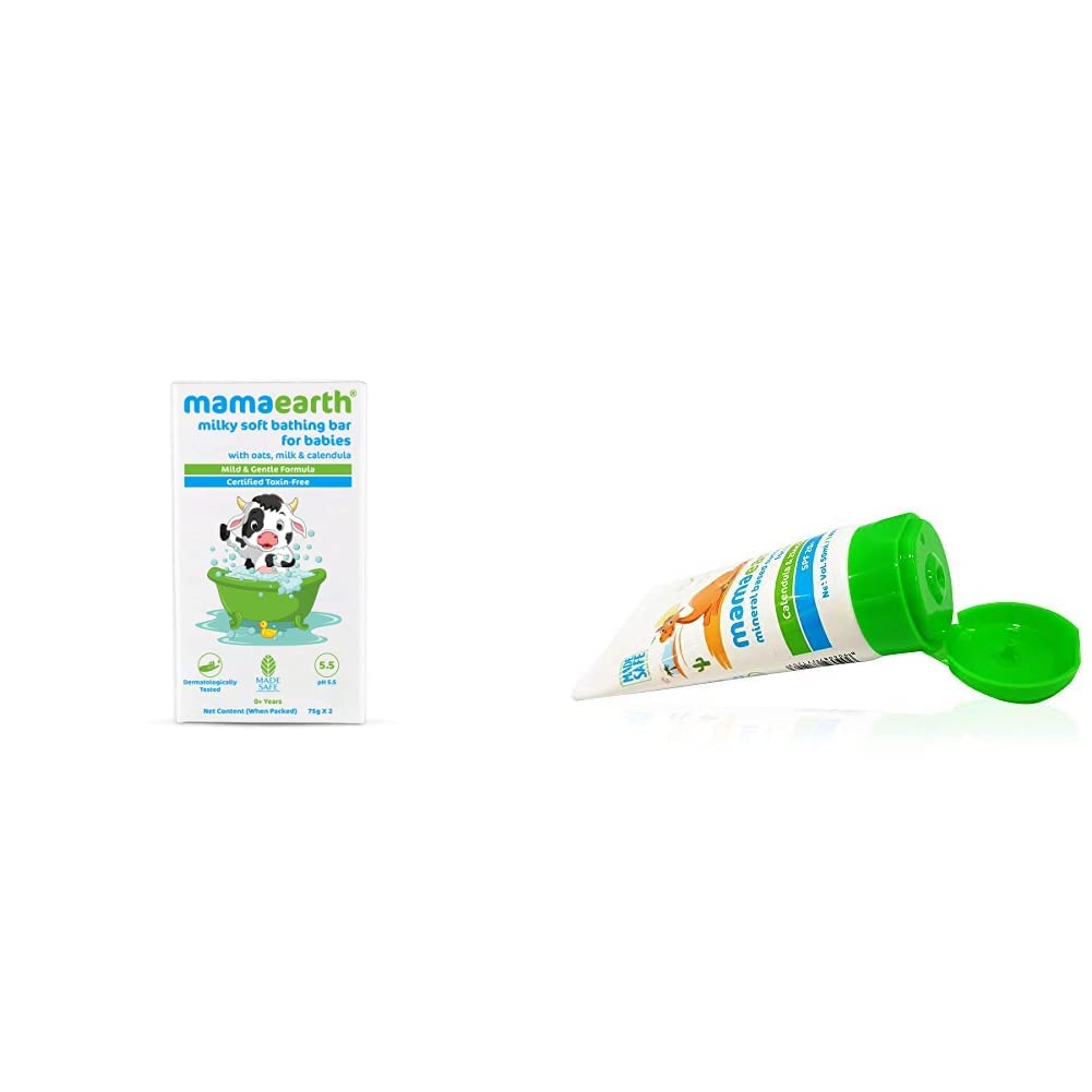 Mamaearth Milky Soft Bathing Bar for Babies with Oats, Milk & Calendula – 75g x 2 & Mineral Based Sunscreen for Babies (50 ml/50 g)