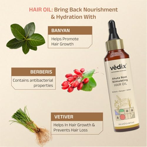 Vedix Ayurvedic Hair Fall Control Kit | Customized for Normal/Oily Hair - Normal-Oily Scalp & Straight Hair - Pack of 3 | Berberis & Banyan Anti Hair Fall Oil + Shampoo + Hair Growth Serum - 240 ml